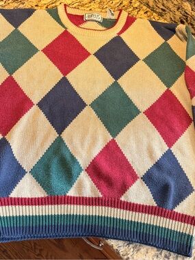 Vintage Aureus Cream Argyle Crewneck Sweater with Red, Blue & Green Diamonds
